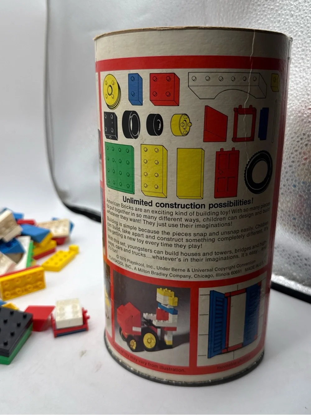 1976 Vintage Playskool American Bricks 275+ pieces with Storage Can Vintage Toy